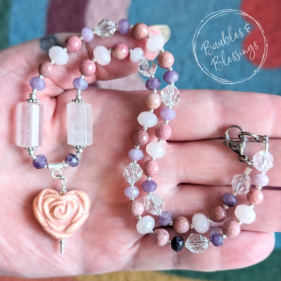 Sweet Heart Healing Gemstone Necklace with Rose