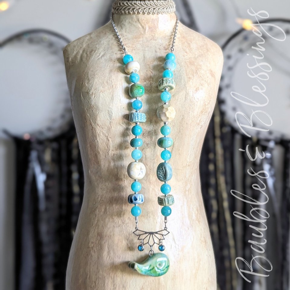 Whale Necklace with Vibrant Amazonite & Ceramic Beads
