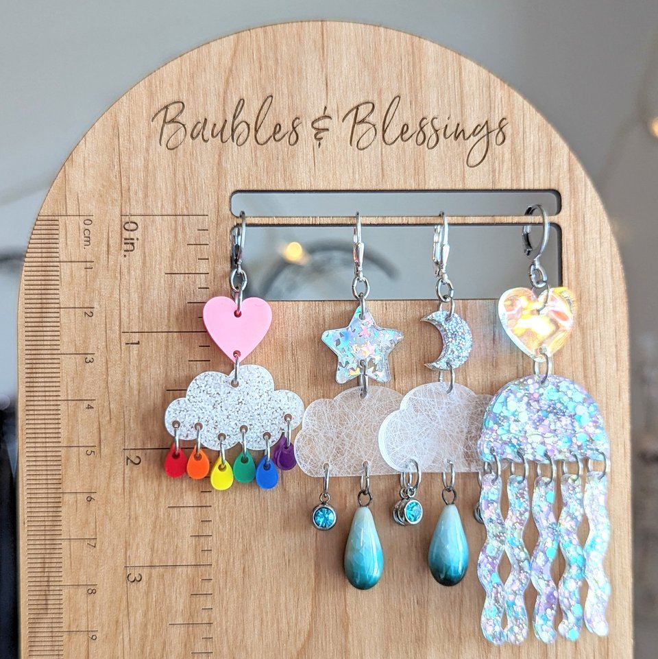Cloud Earrings with Ceramic Raindrop & Holographic Stars