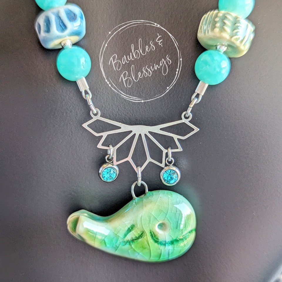 Whale Necklace with Vibrant Amazonite & Ceramic Beads