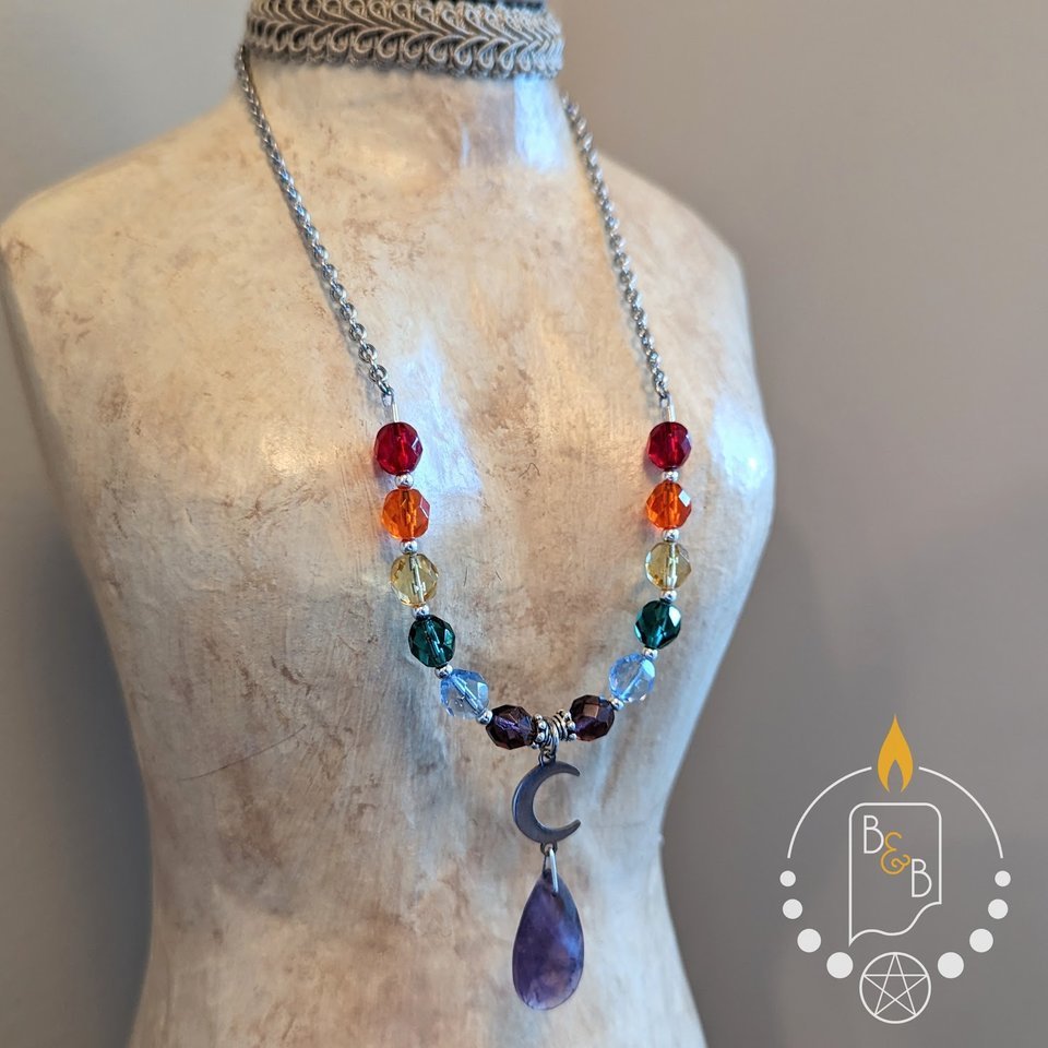 RAOK for Sarah: Rainbow Necklace with Moon & Amethyst Drop
