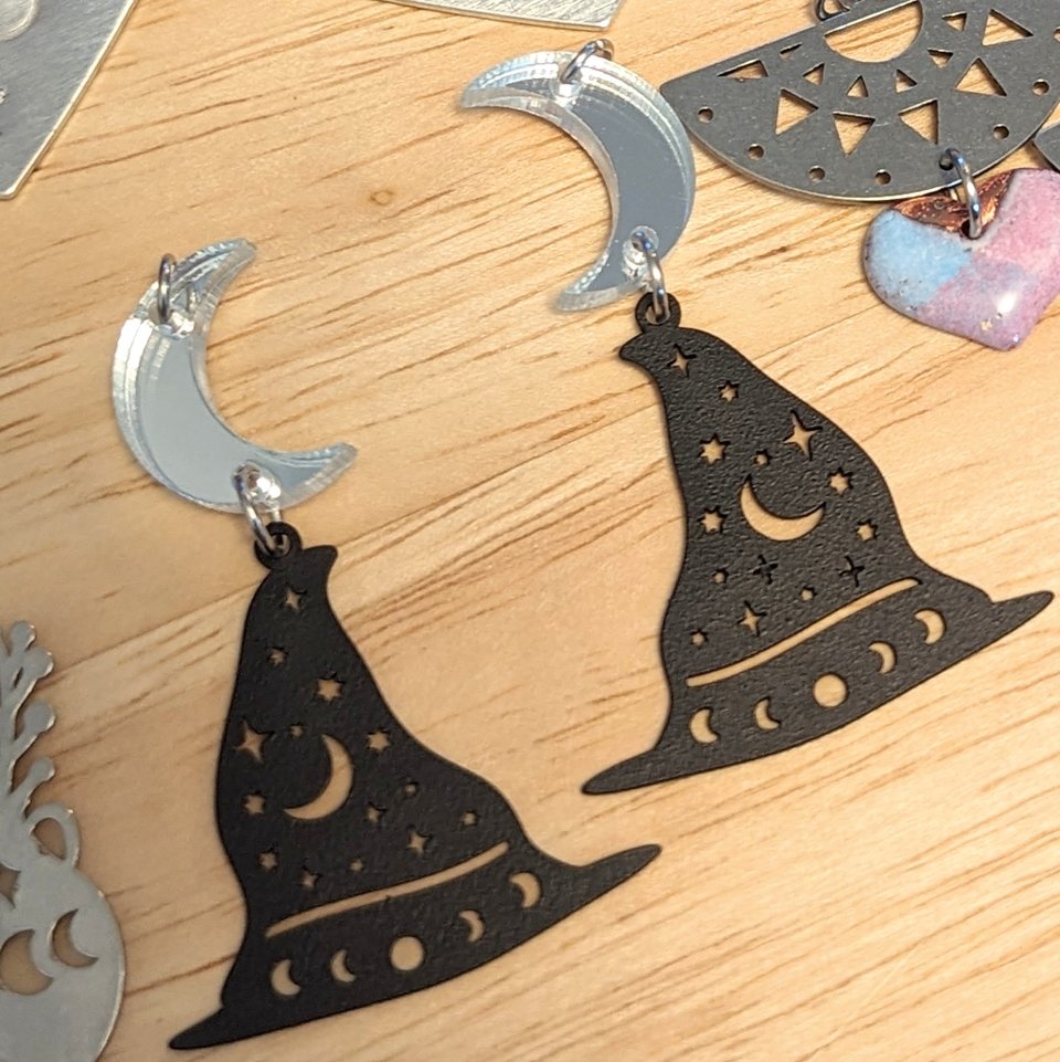 RESERVED for N: Witch Hat & Mirror Moon Earrings + Sterling Leverbacks