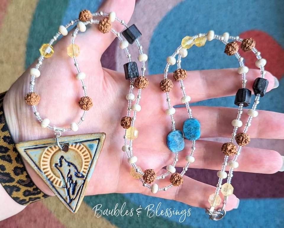 Long Wolf Necklace with Rudraksha Seeds & Gemstone Beads