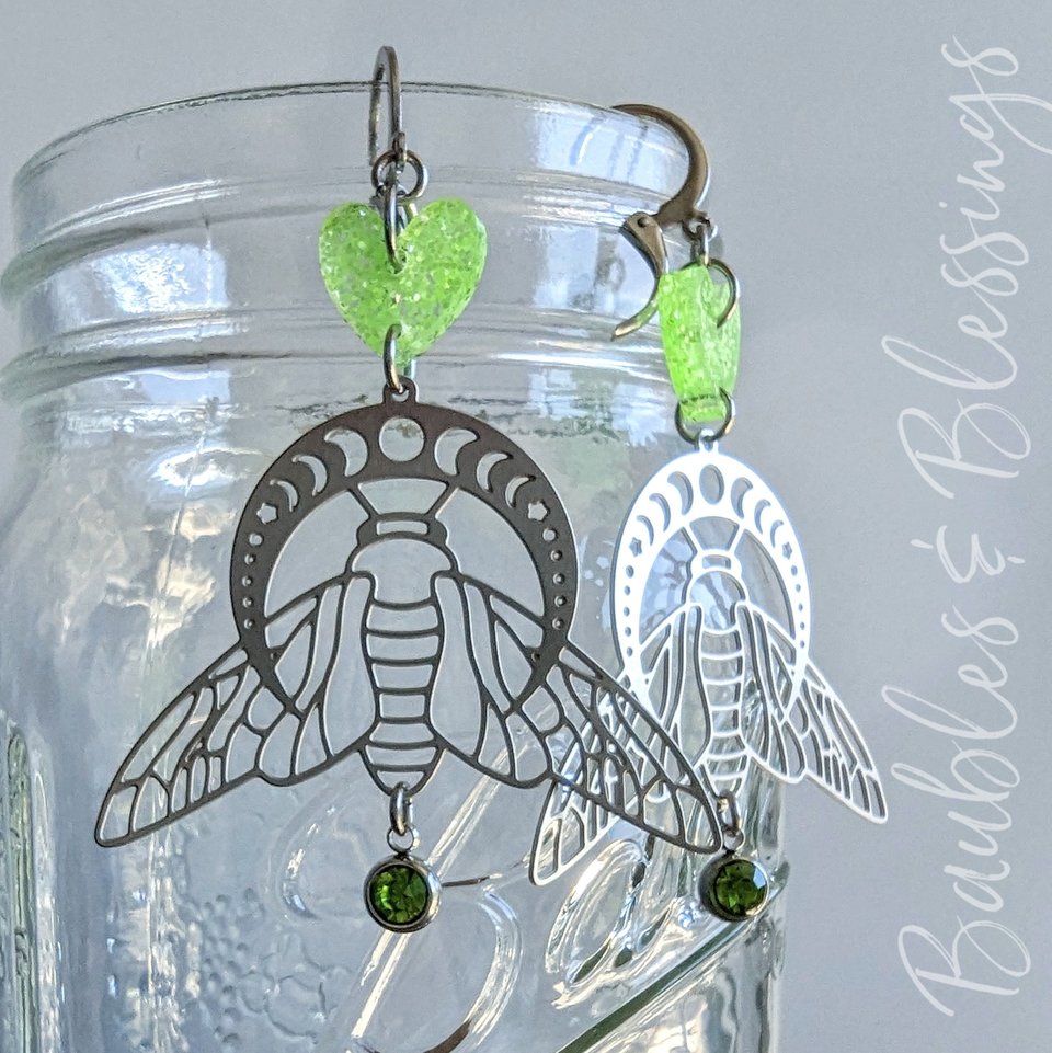 Luna Moth Earrings with Glittery Hearts & Green Crystals