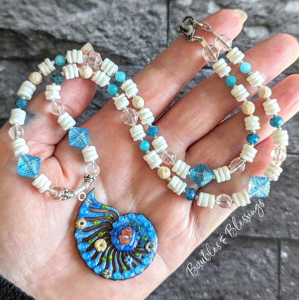 Beachy Shell Necklace with Lampwork Nautilus Pendant