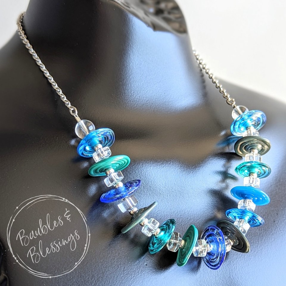 Watery Necklace with Lampwork Disc Beads & Quartz