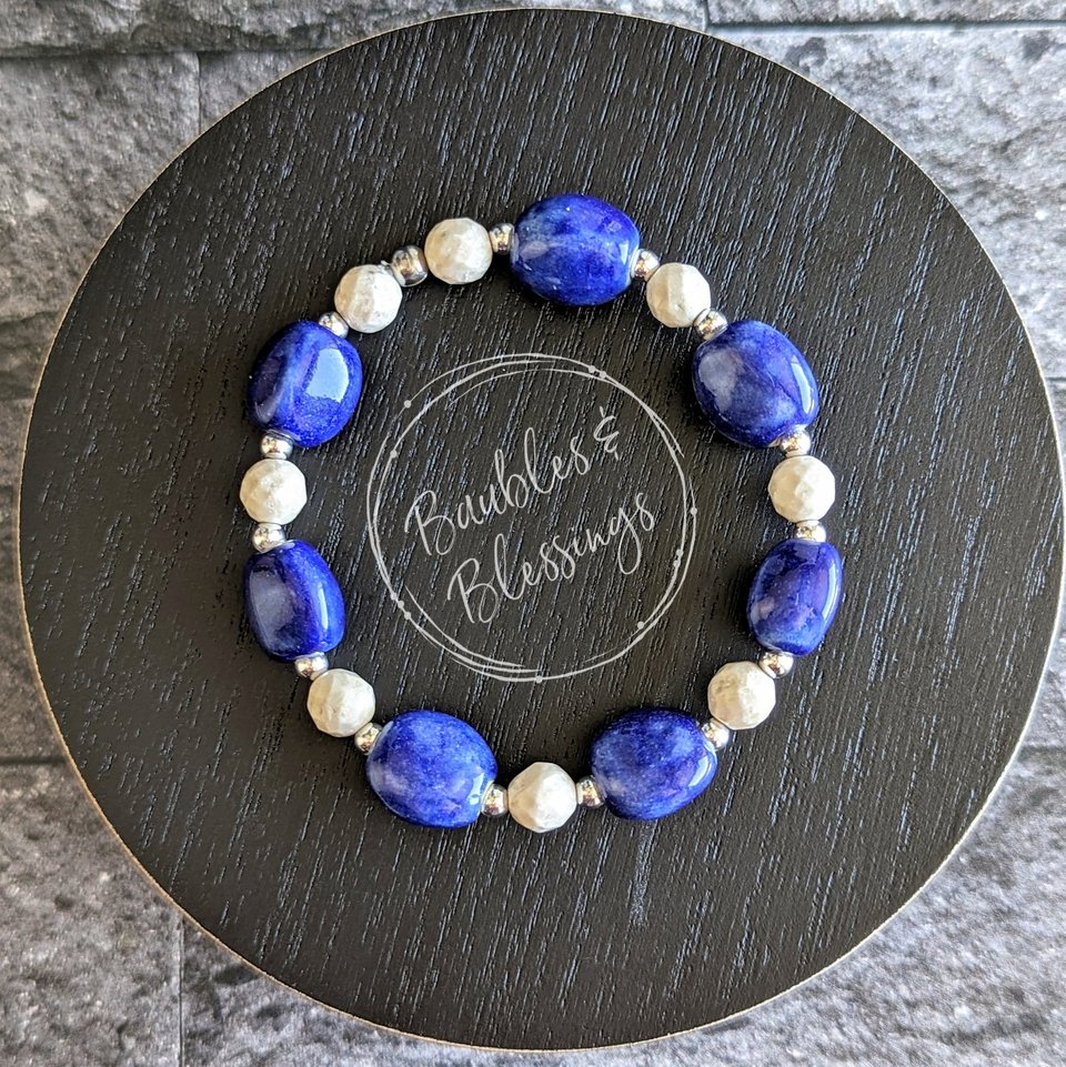 OOAK Navy Pebble Bracelet with Riverstone & Ceramic Gaea Beads