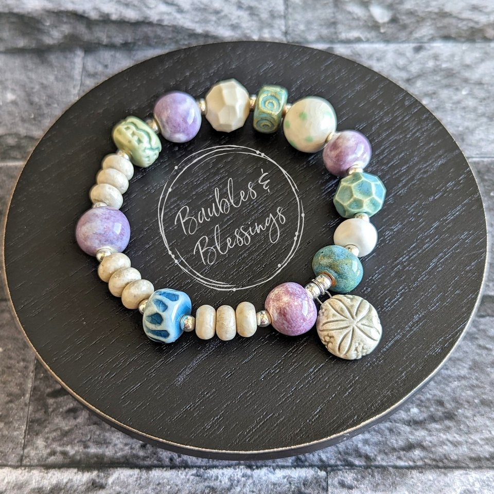 OOAK Sand Dollar Bracelet with Riverstone & Ceramic Gaea Beads