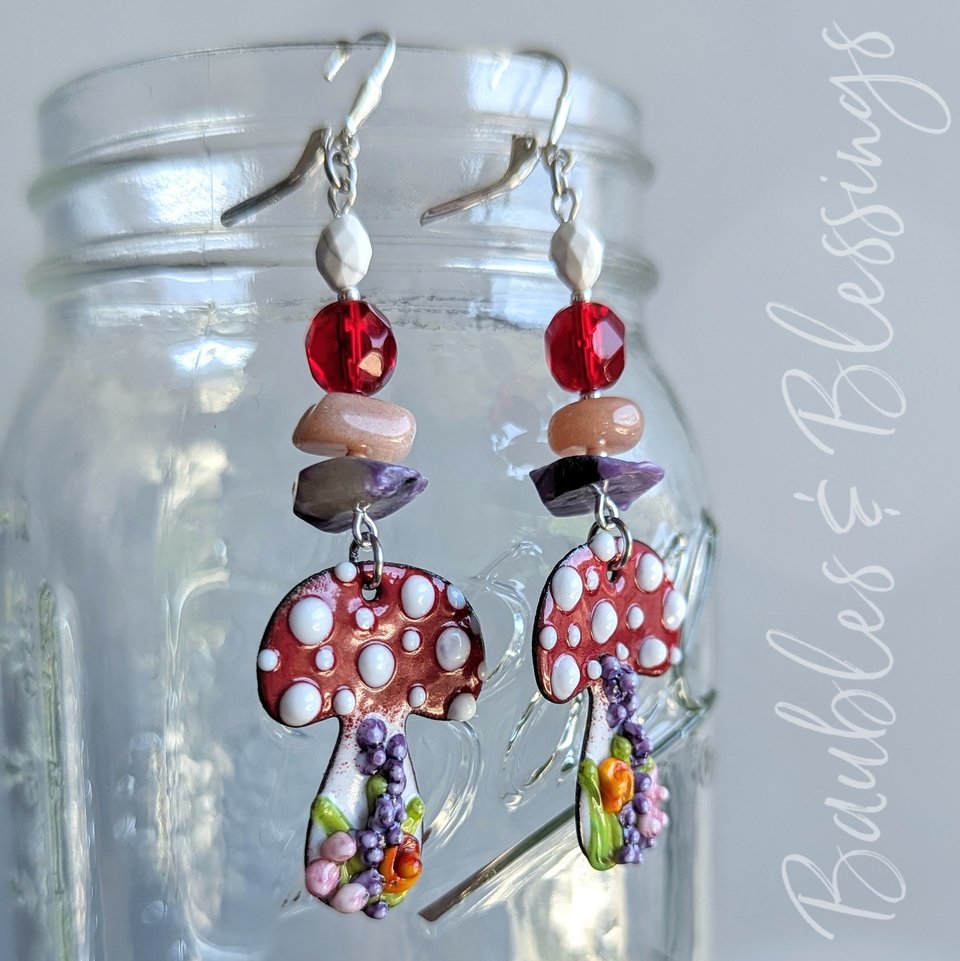 Funky Mushroom Earrings with Lampwork Enameled Charms