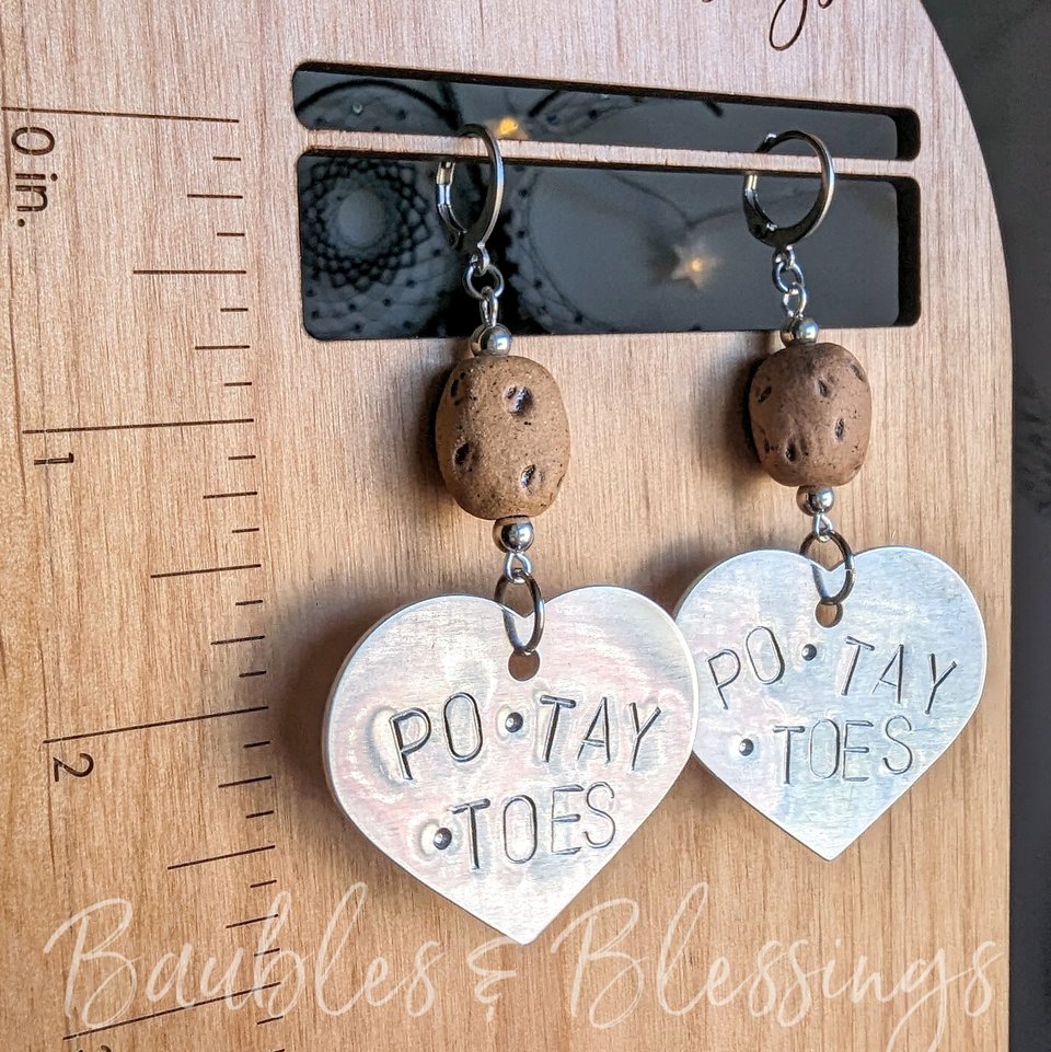 Hand-stamped PO•TAY•TOES Earrings with Ceramic Potato Beads