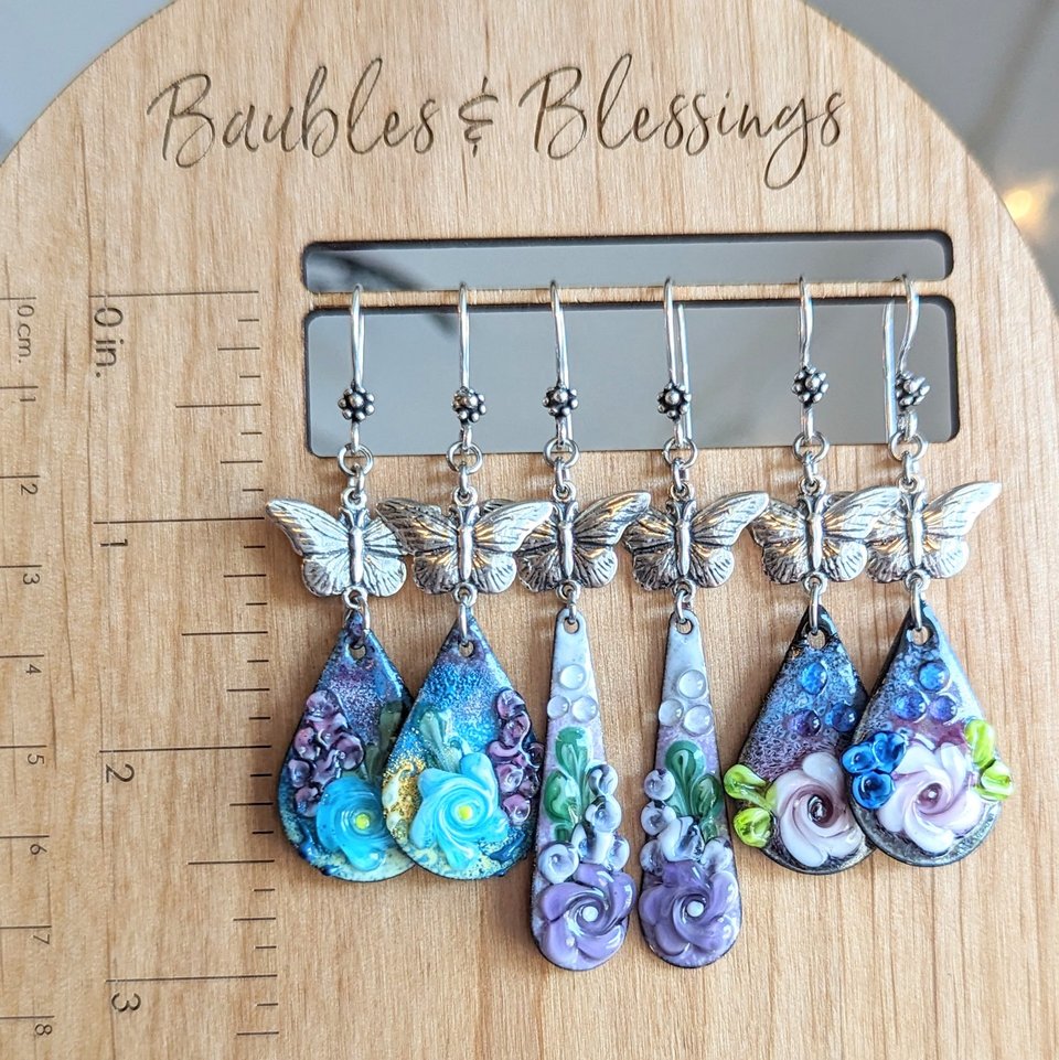 Butterfly Earrings with Lampwork Enameled Pink Flowers