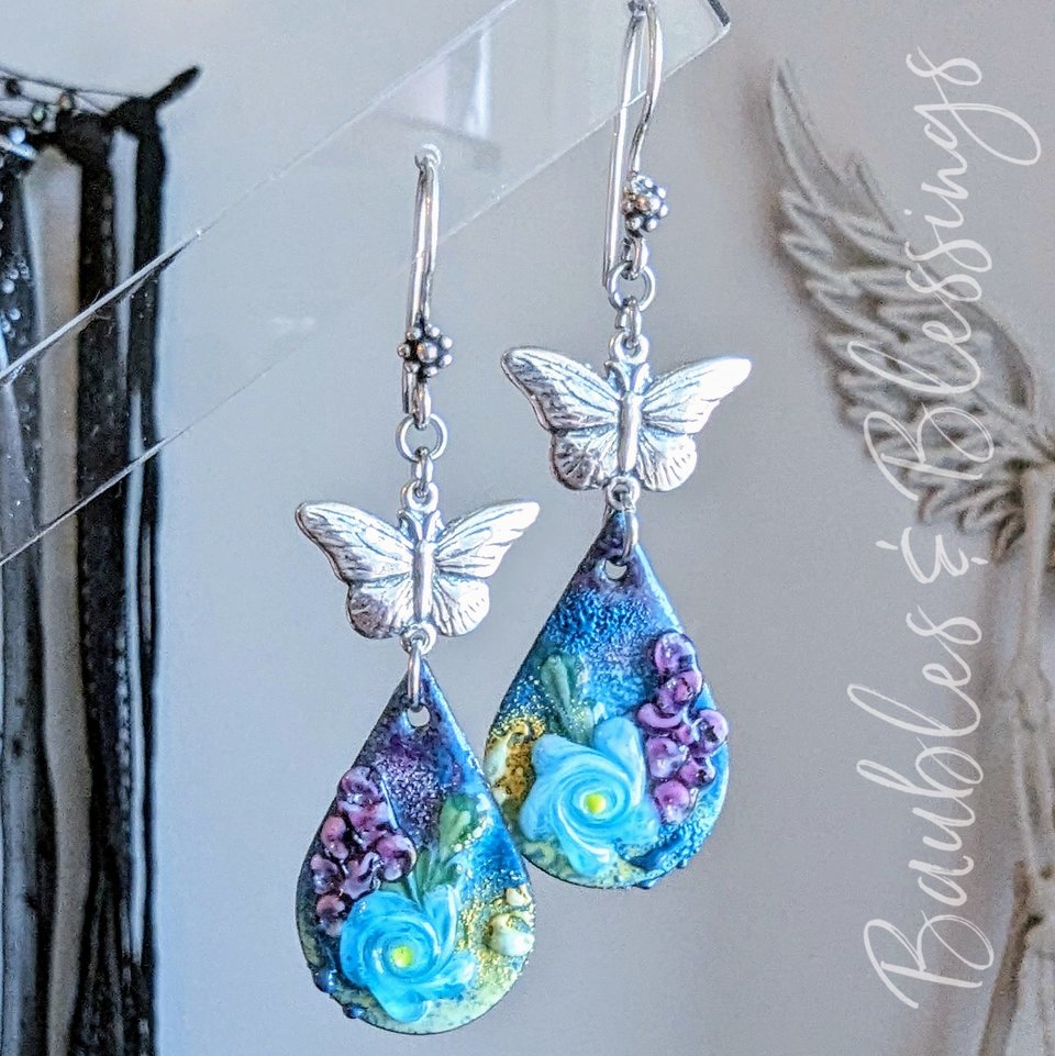 Butterfly Earrings with Lampwork Enameled Blue Flowers