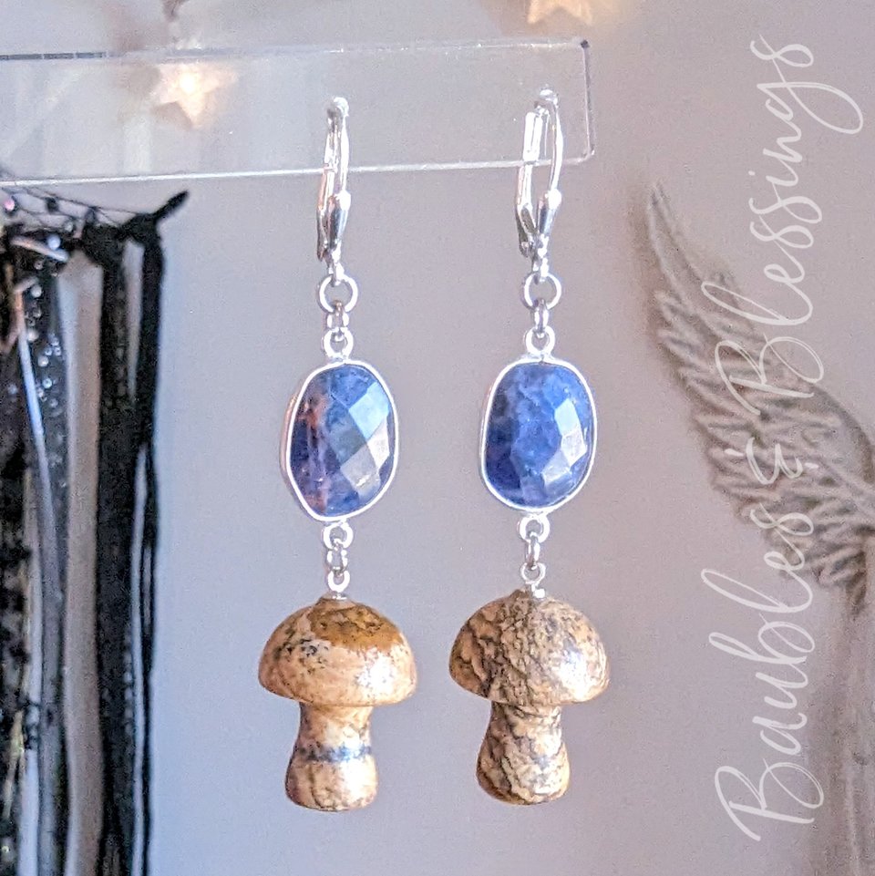 Picture Jasper Mushroom Earrings with Faceted Sodalite