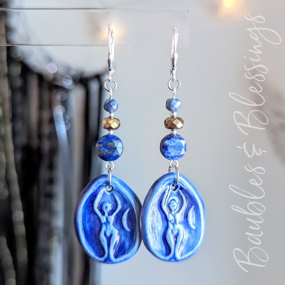 Dark Blue Goddess Earrings with Faceted Lapis & Pyrite