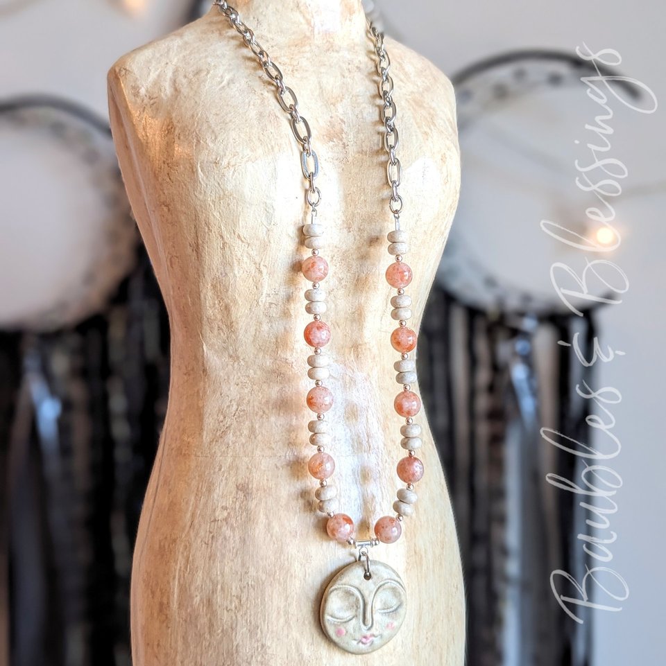 Sweet Moon Necklace with Sunstone, Riverstone & Gaea Focal