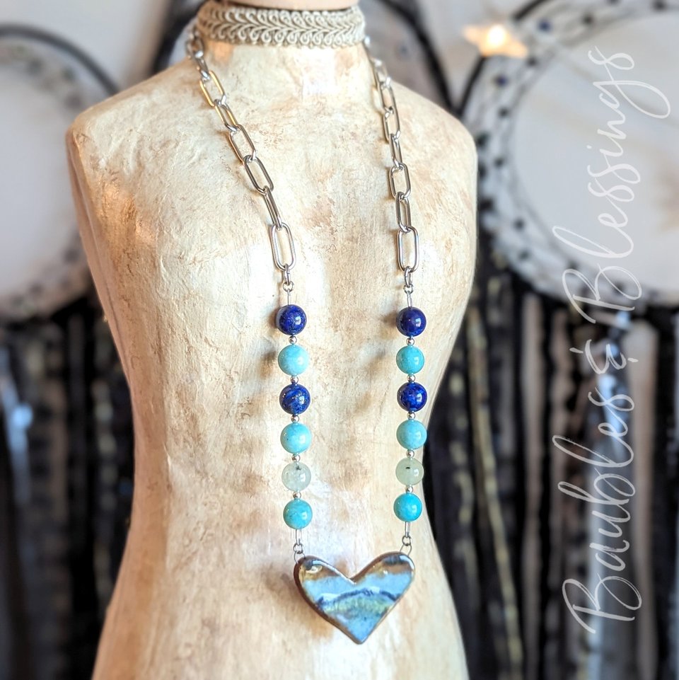 Abstract Heart Necklace with Lapis, Amazonite, Prehnite & Gaea Focal