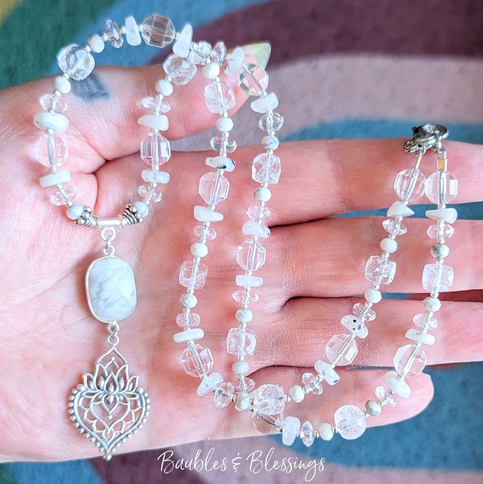 Elegant Lotus Necklace with Howlite, Quartz & Moonstone