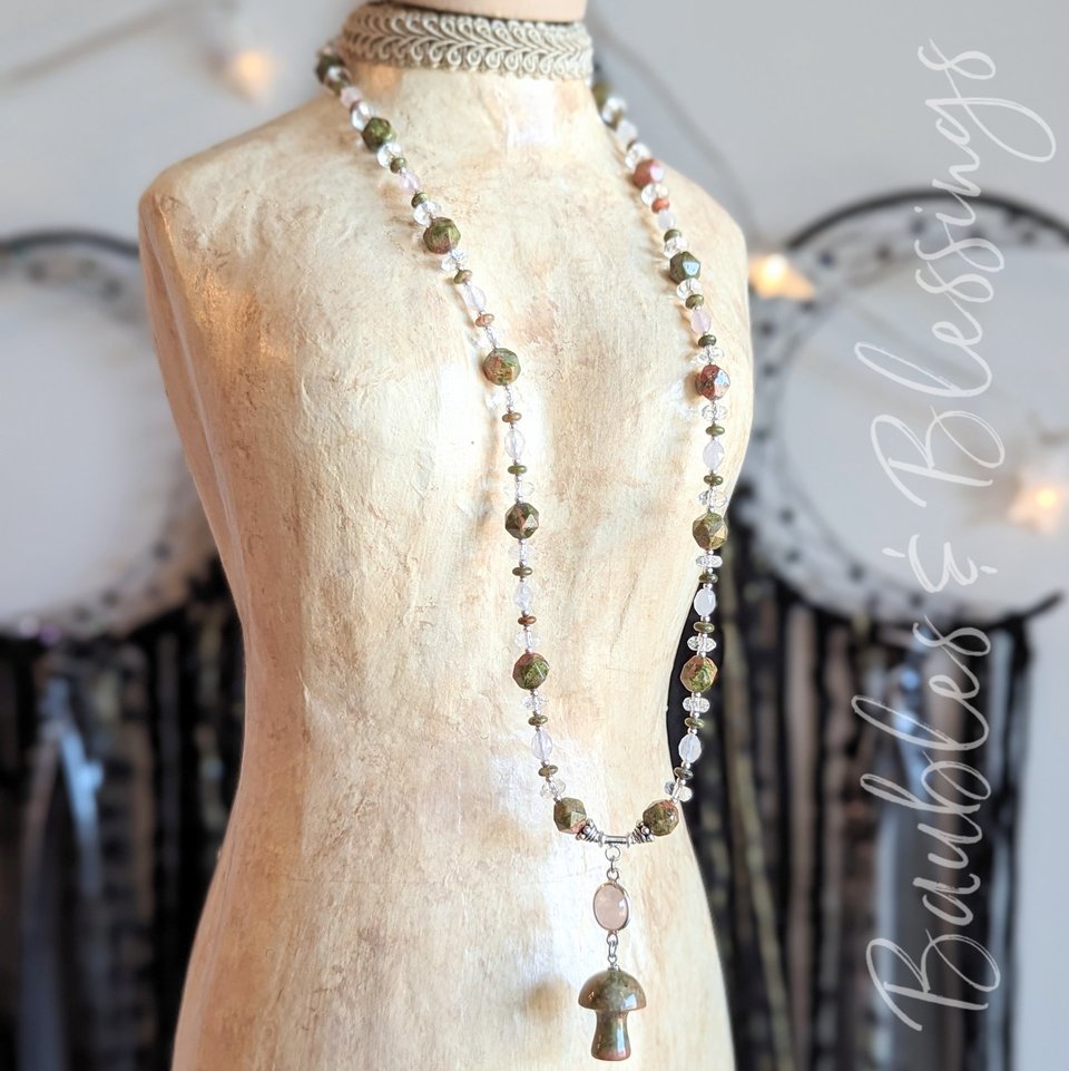 Beautiful Mushroom Necklace with Unakite, Rose Quartz & Clear Quartz