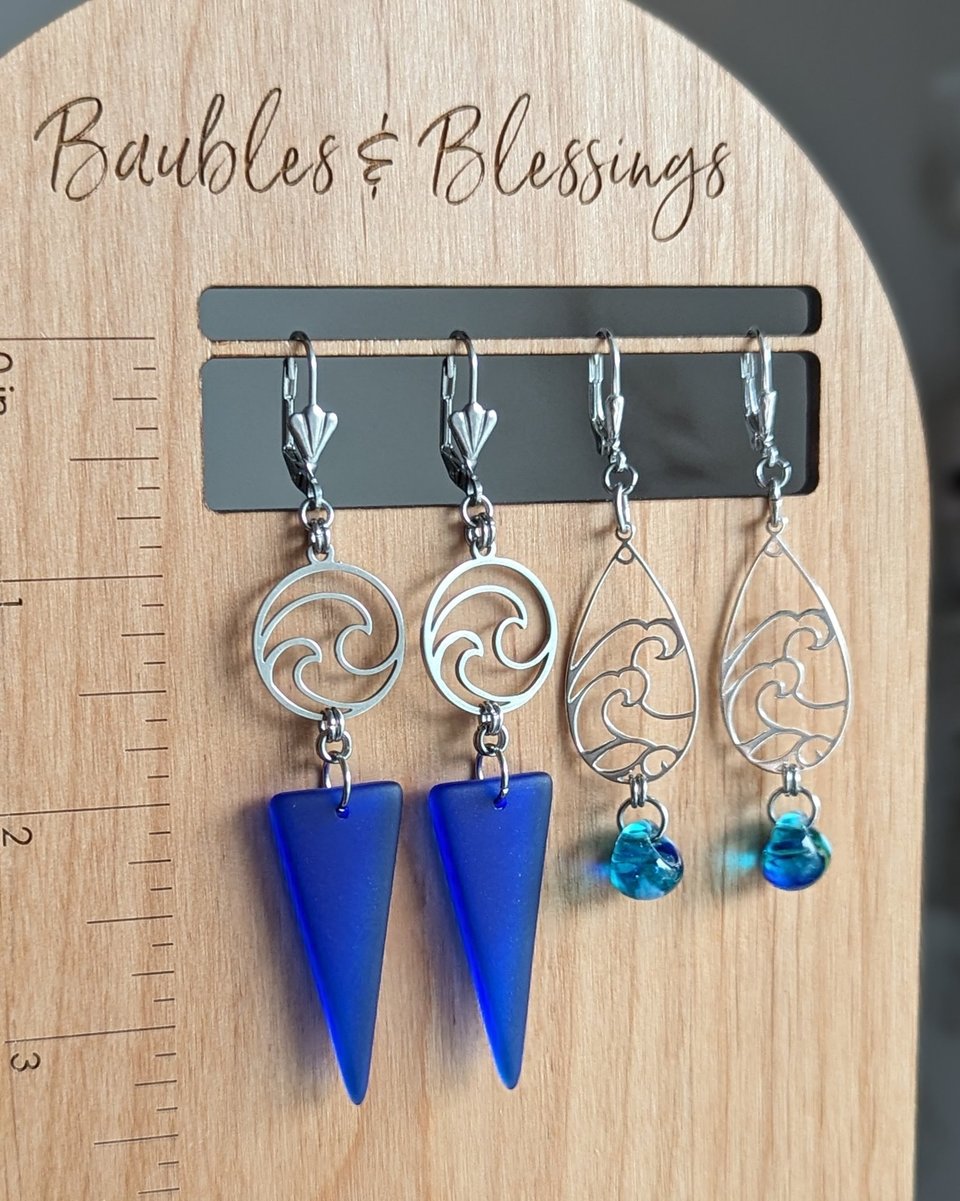 Sterling Silver Blue Wave Earrings with Lampwork Glass
