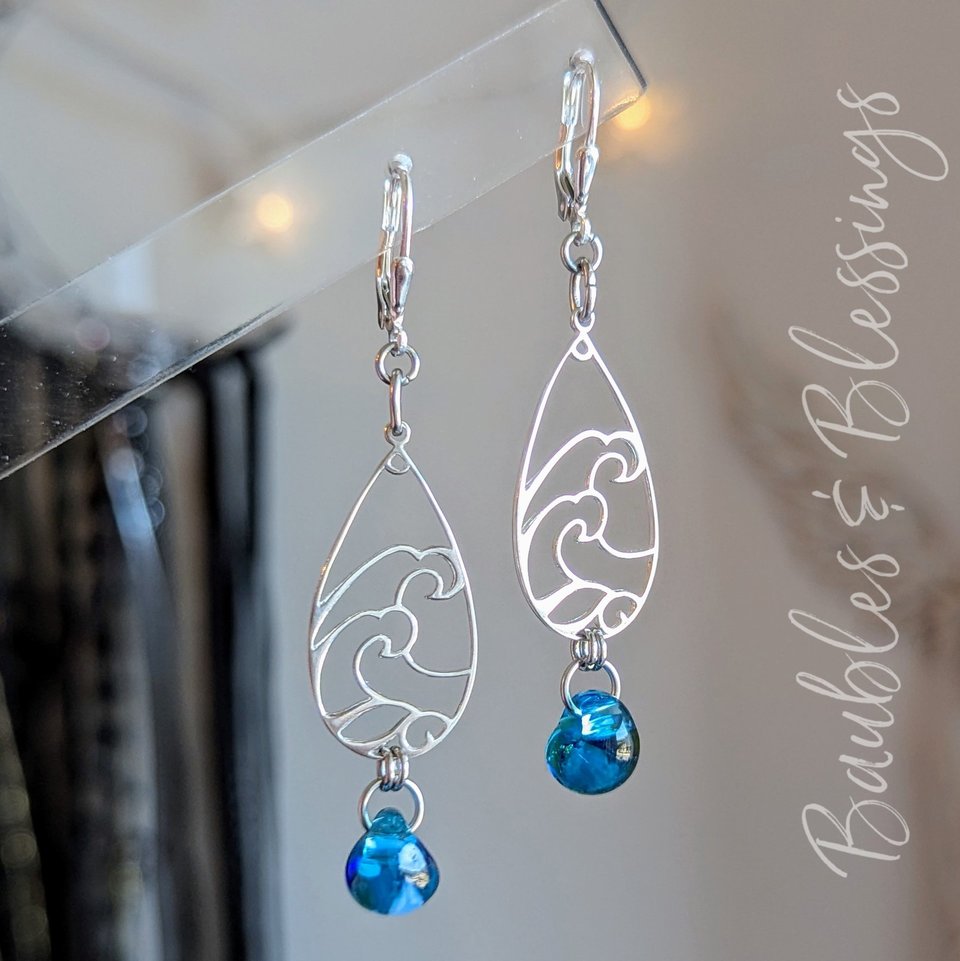 Sterling Silver Blue Wave Earrings with Lampwork Glass