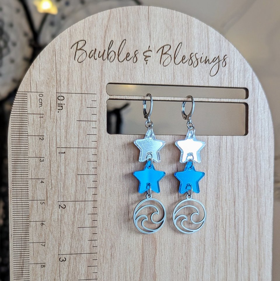 Blue Wave Earrings with Mirrored Acrylic Stars