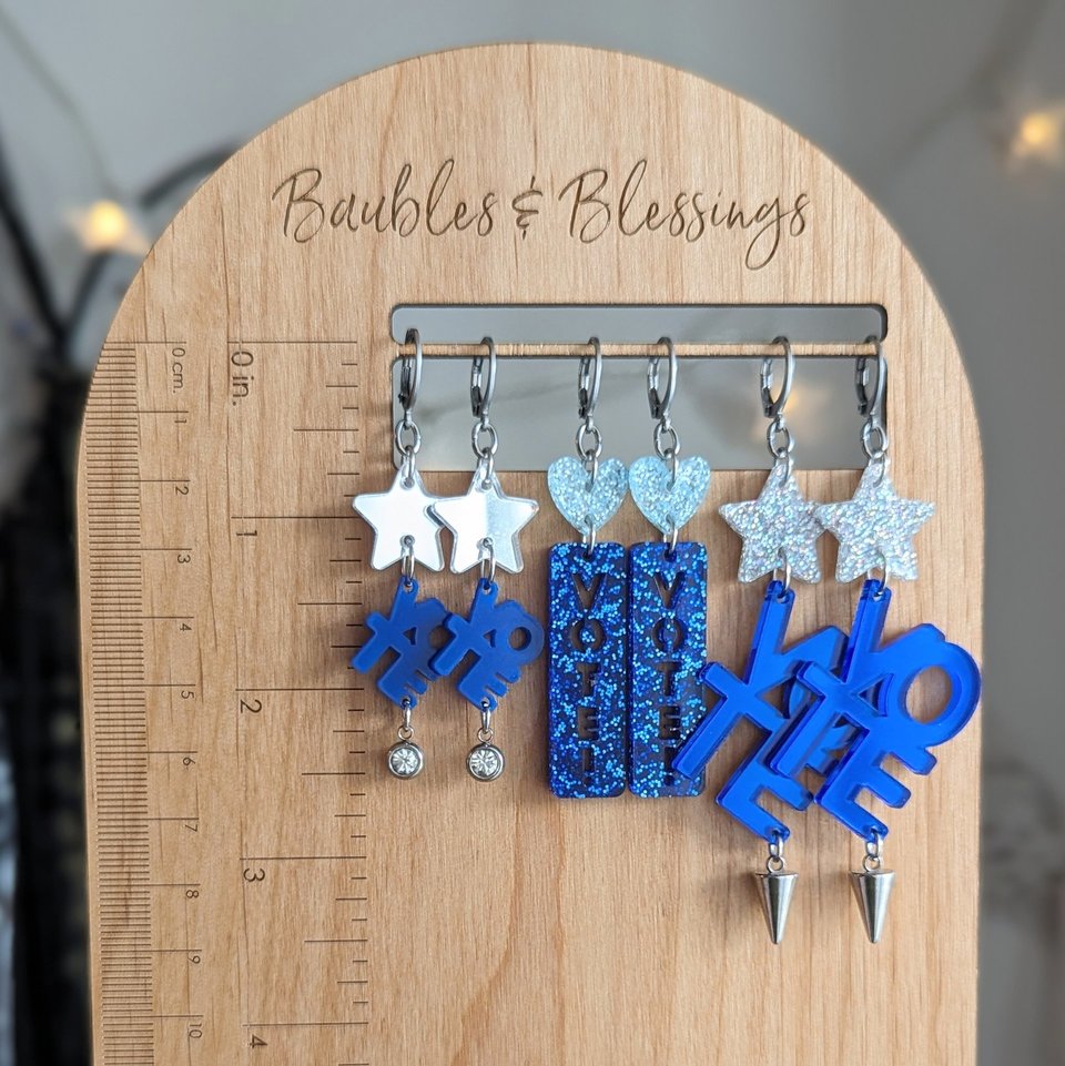Vote Blue Earrings with Mirrored Acrylic Stars & Rhinestones