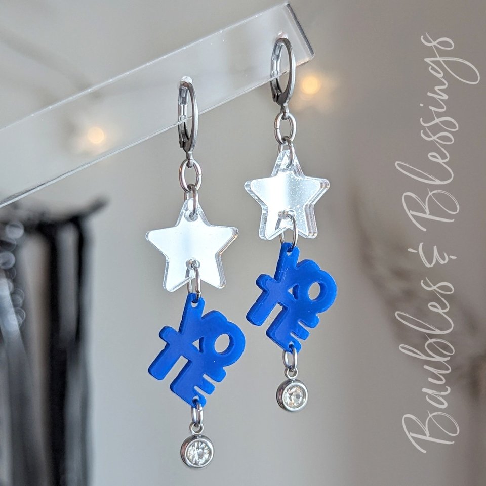 Vote Blue Earrings with Mirrored Acrylic Stars & Rhinestones