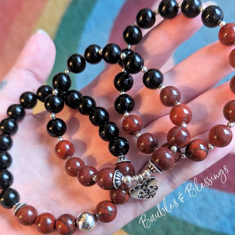 Onyx & Apple Jasper Stretch Bracelets with Sterling Silver (MTO)