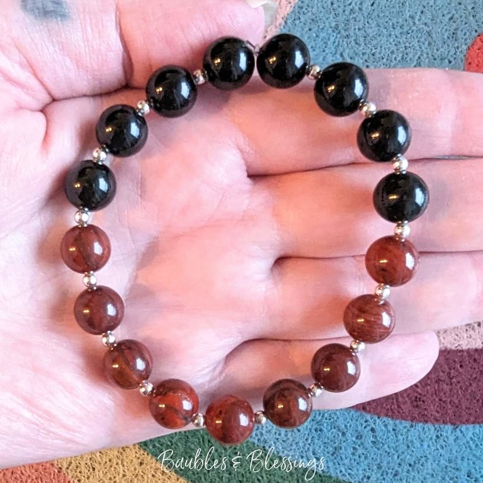 Onyx & Apple Jasper Stretch Bracelets with Sterling Silver (MTO)