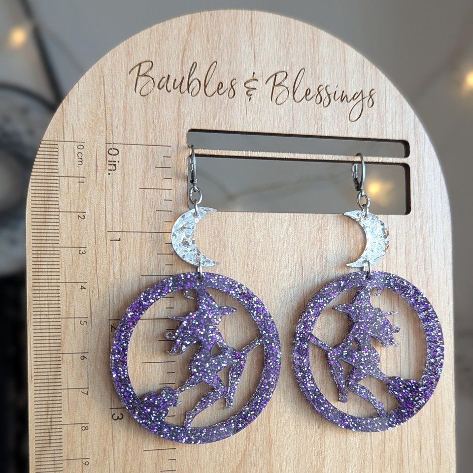 Oversized Acrylic Witch Earrings with Purple Glitter