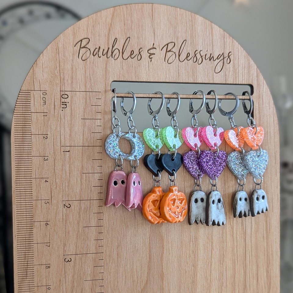 Tiny Ceramic Ghost Earrings with Glittery Hearts