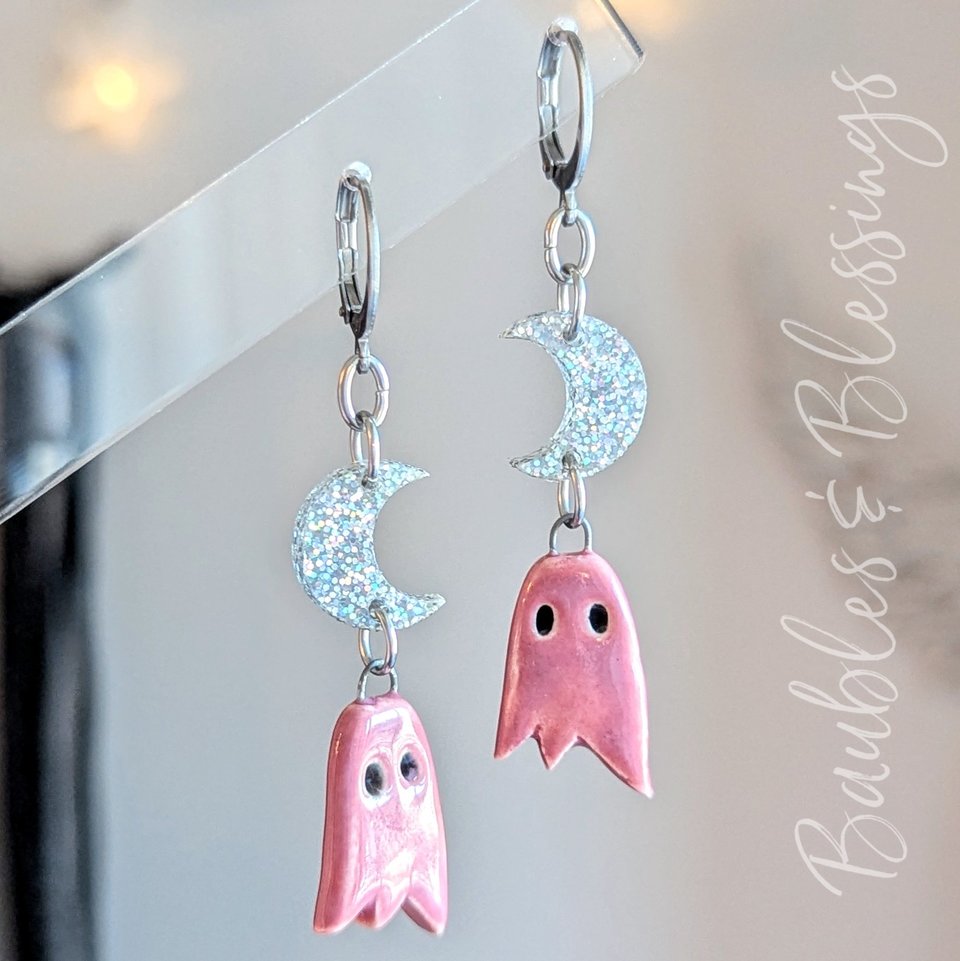 Swoopy Dark Pink Ceramic Ghost Earrings with Holographic Moons