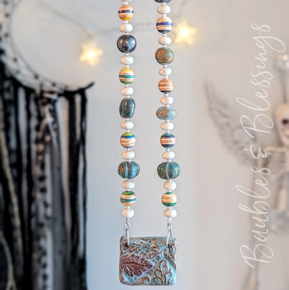 Leaf Necklace with Recycled Skate Deck, Riverstone & Gaea Beads
