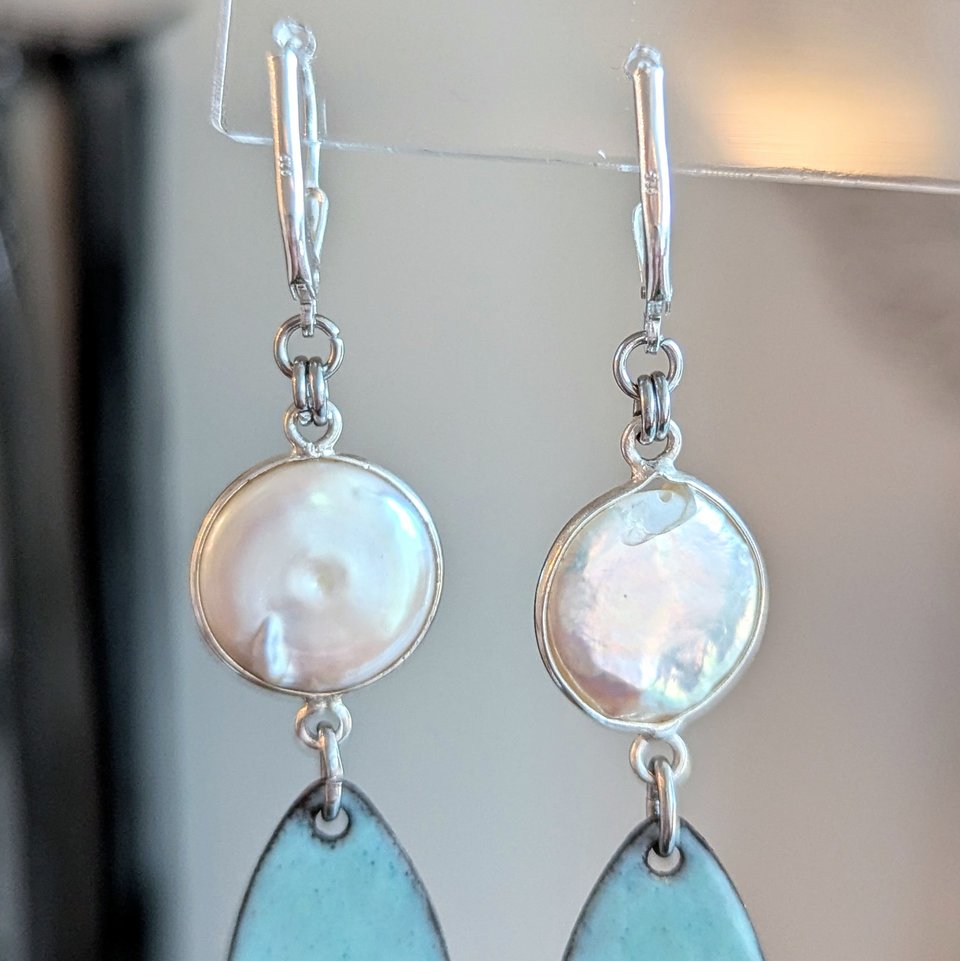 Pearl Earrings with Lampwork Enameled Ocean Scene
