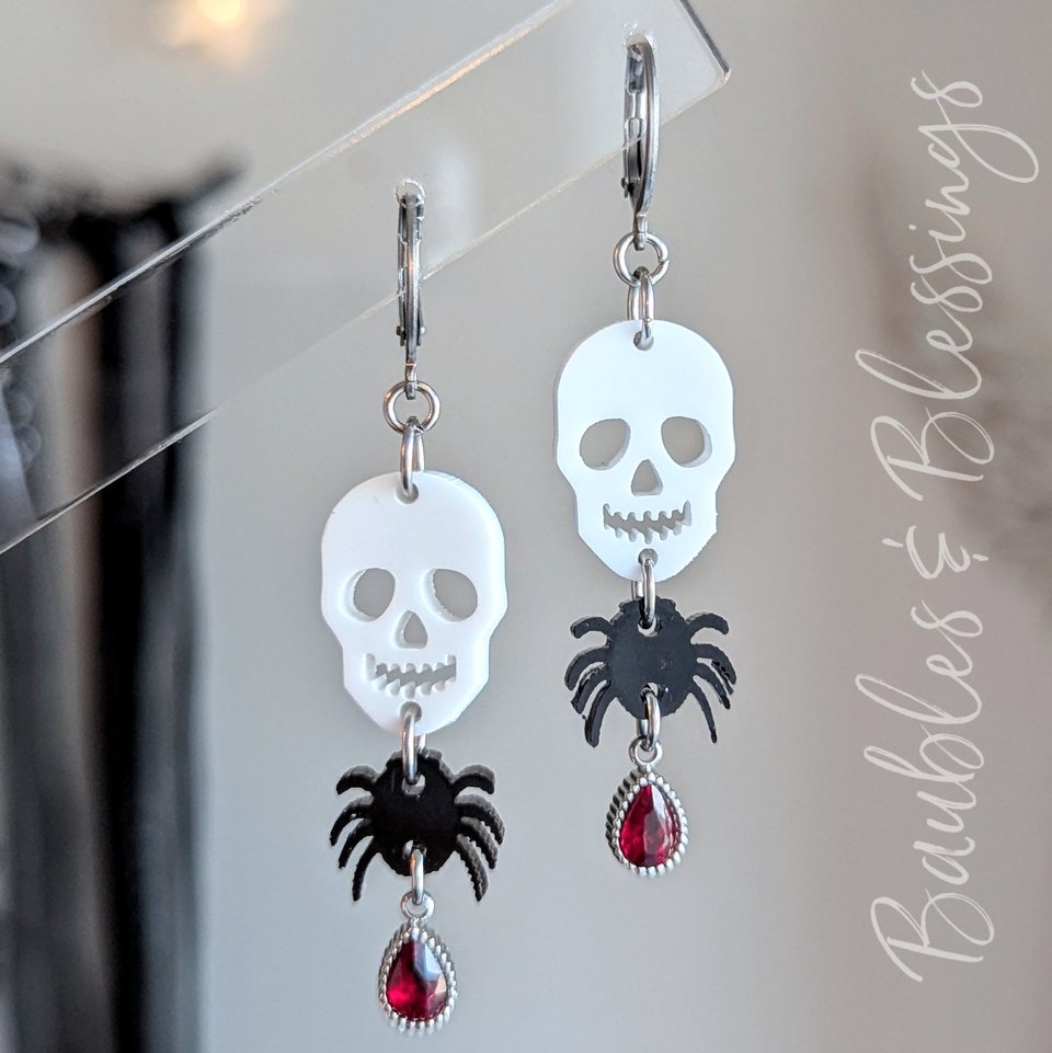Spooky Halloween Earrings with Skulls, Spiders & Red Crystals