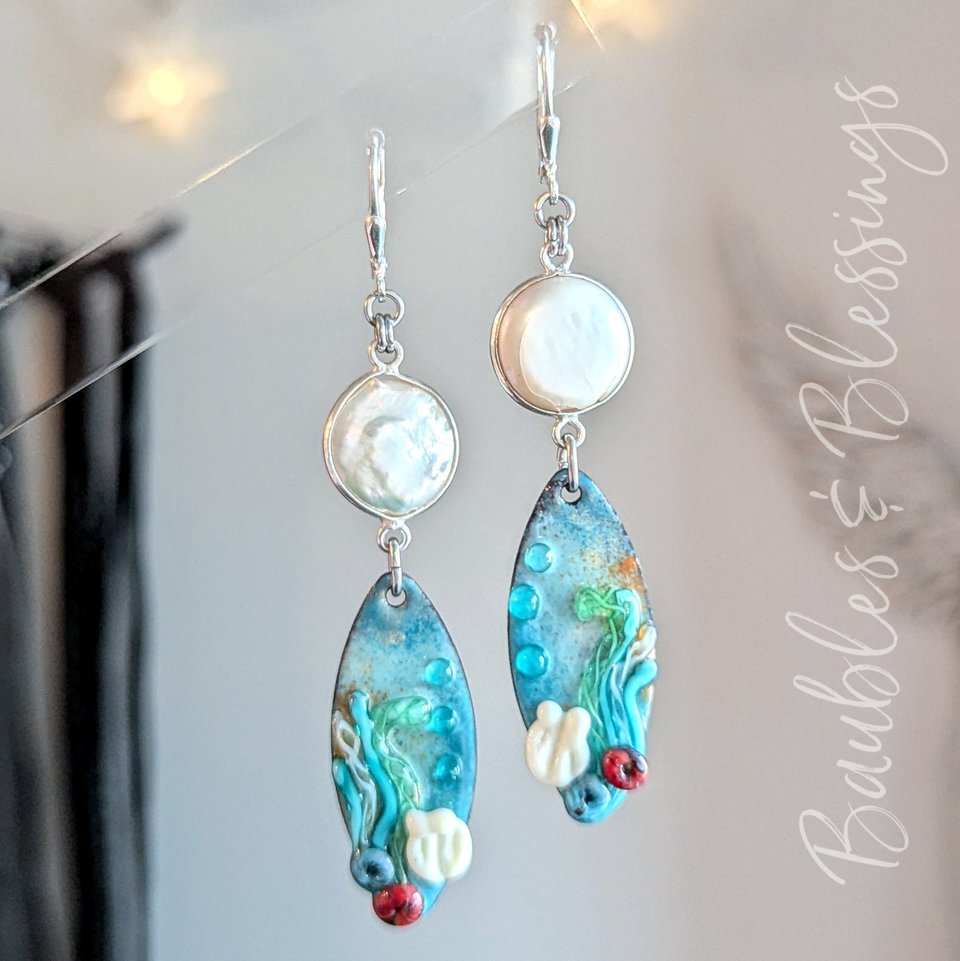 Pearl Earrings with Lampwork Enameled Ocean Scene