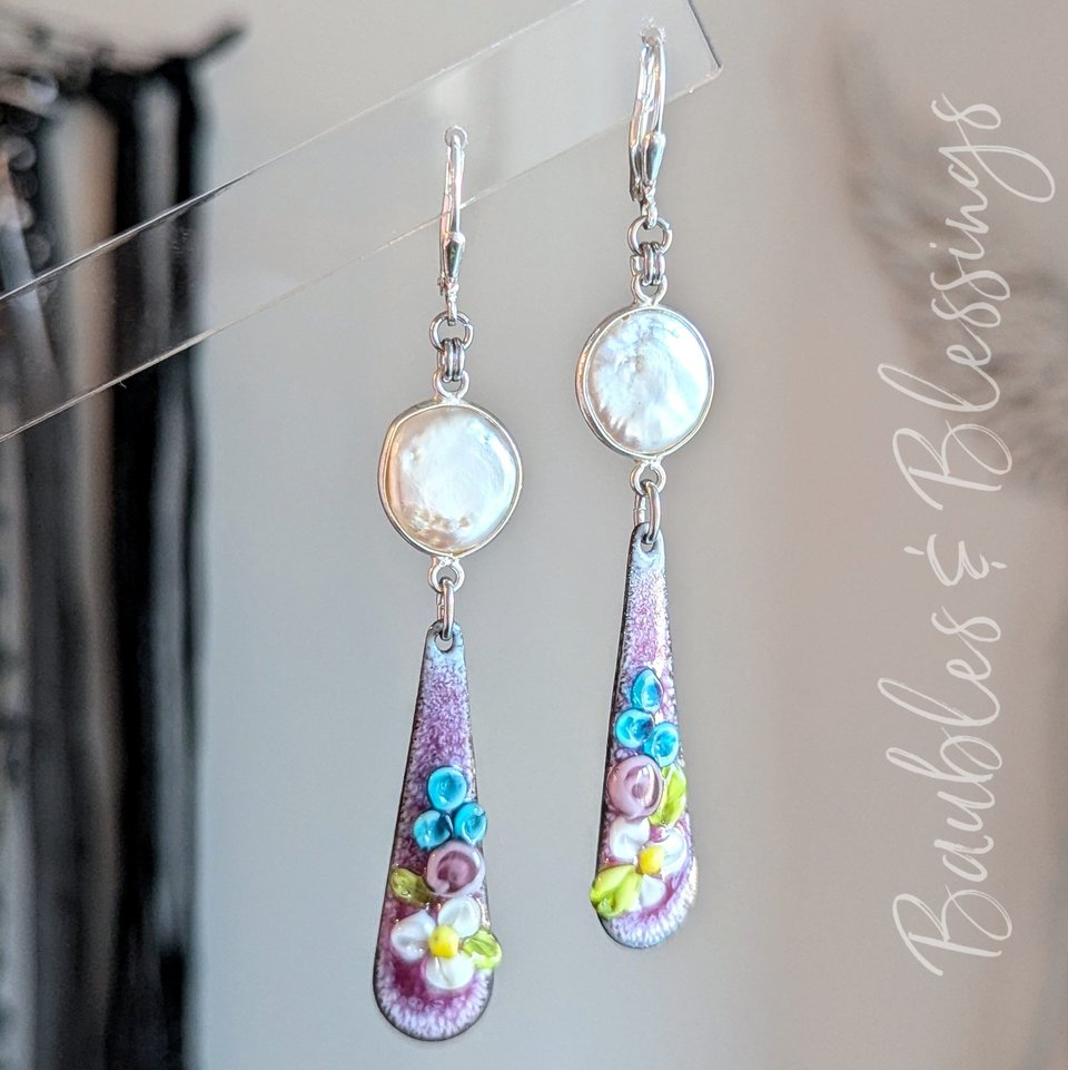 Pearl Earrings with Lampwork Enameled Purple Flowers