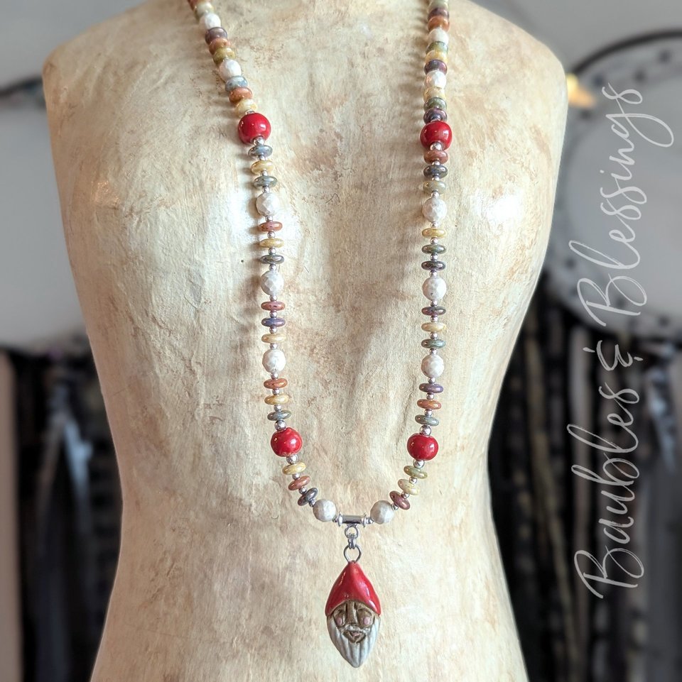Cozy Cottagecore Gnome & Mushroom Necklace with Gaea Beads