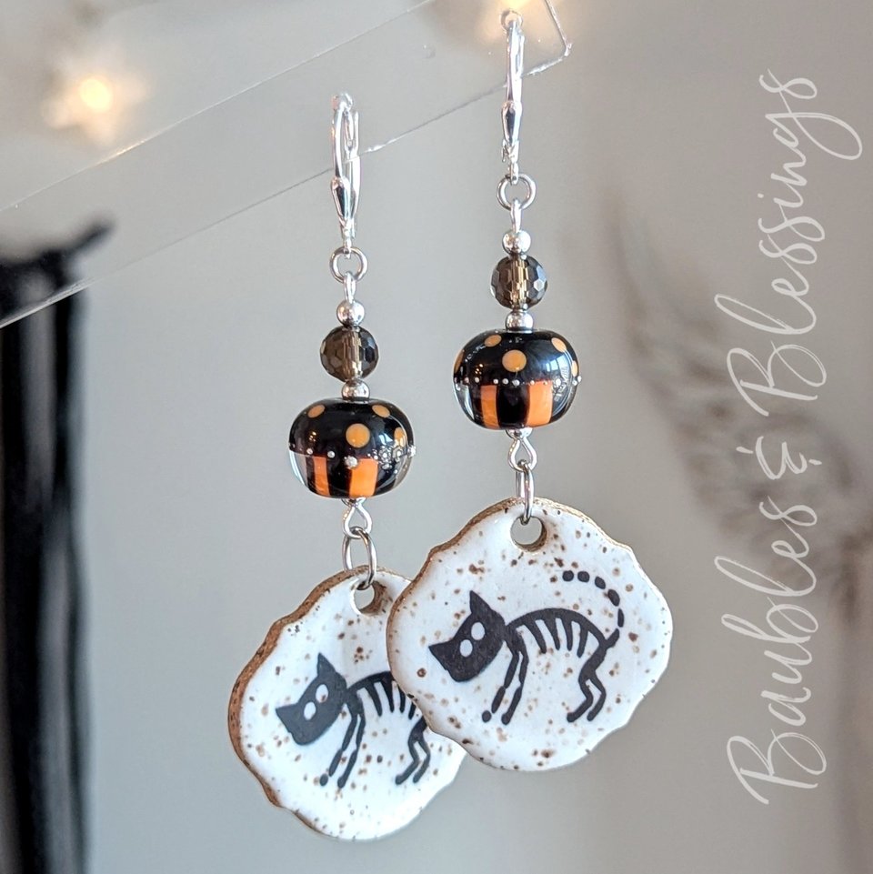 Kitty Skeleton Earrings with Handmade Ceramic Charms