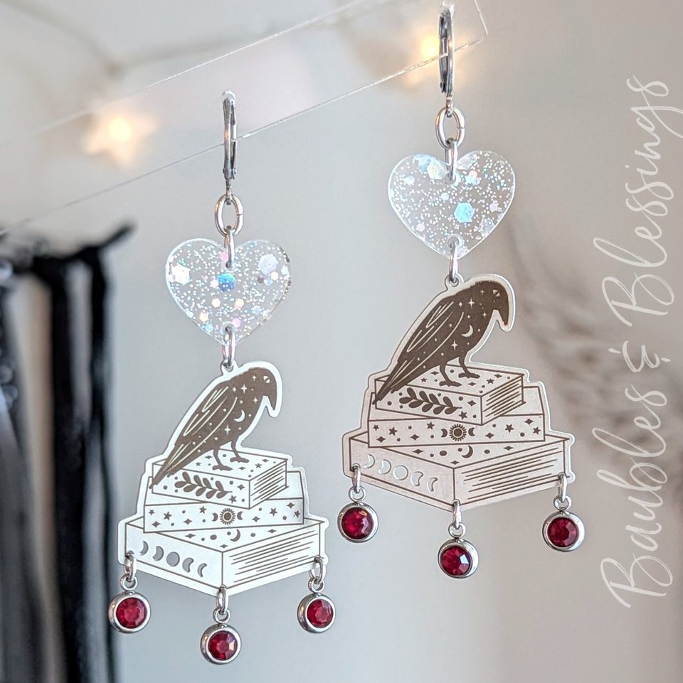 Stainless Steel & Glittery Acrylic Well-read Raven Earrings 