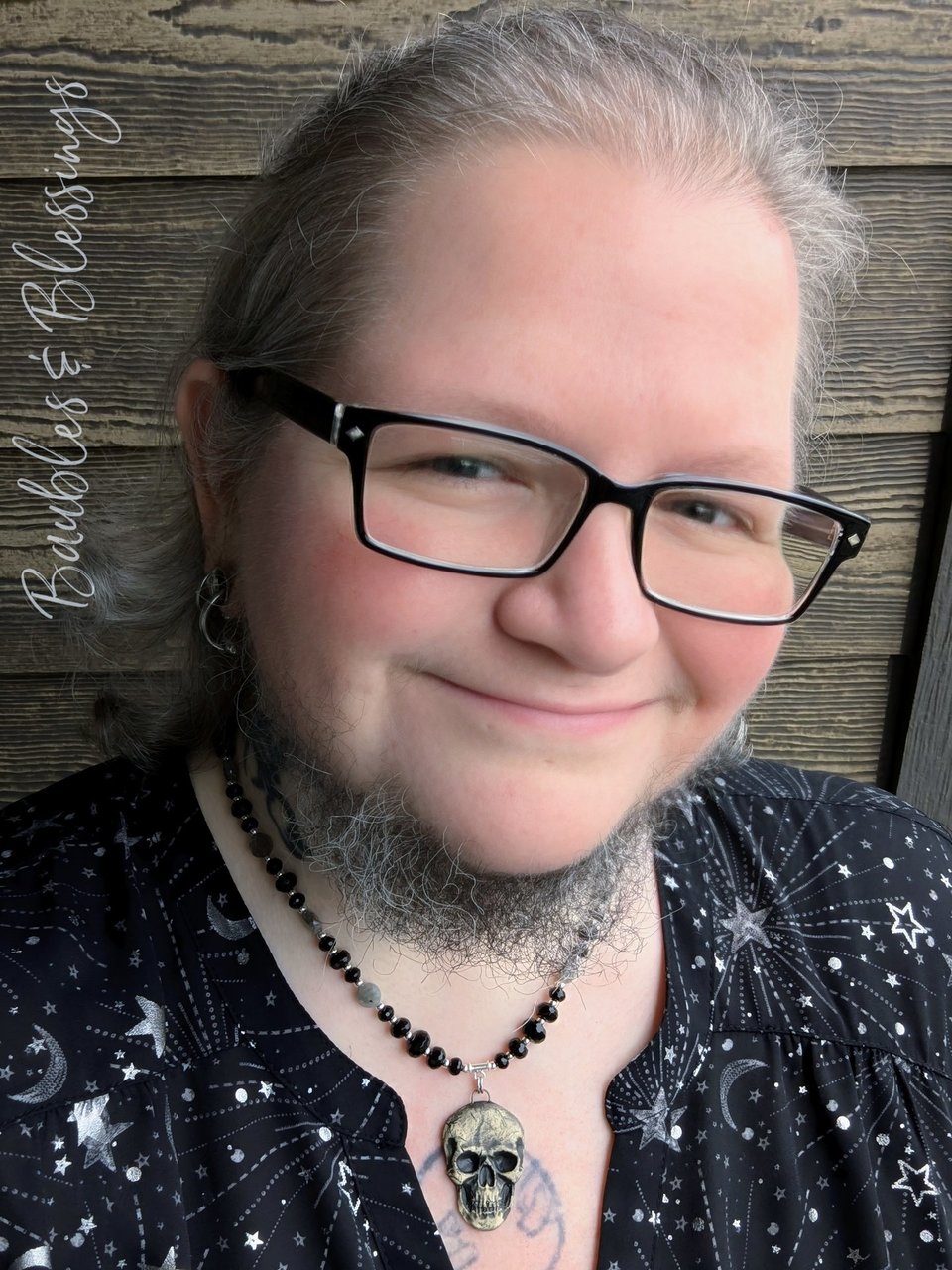 Skull Necklace with Faceted Onyx & Labradorite Coin Beads