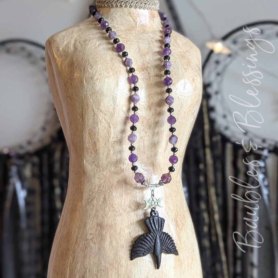 Witchy Raven Necklace with Lepidolite, Amethyst & Auralite-23