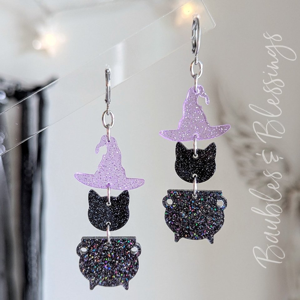 Super Sparkly Witchy Kitty Earrings with Cauldrons