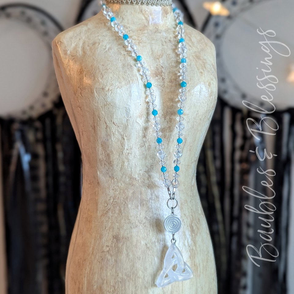 Witchy Triquetra Necklace with Quartz & Amazonite