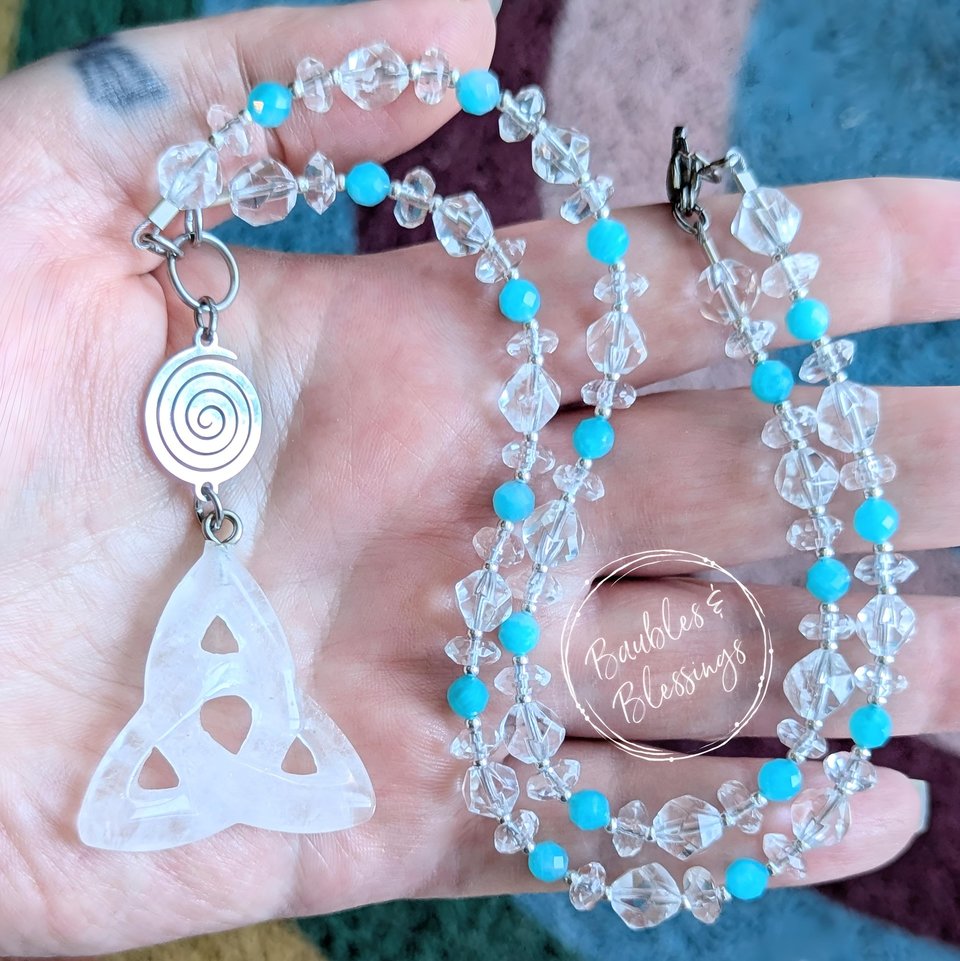 Witchy Triquetra Necklace with Quartz & Amazonite