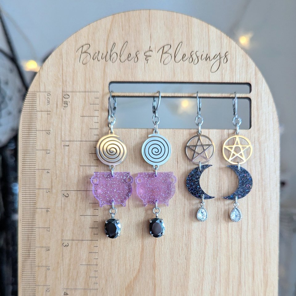 Super Fun Glittery Witchy Earrings with Purple Cauldrons