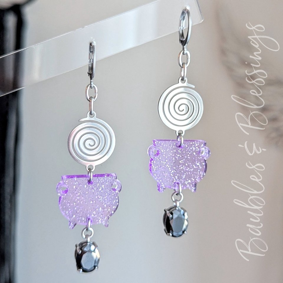 Super Fun Glittery Witchy Earrings with Purple Cauldrons