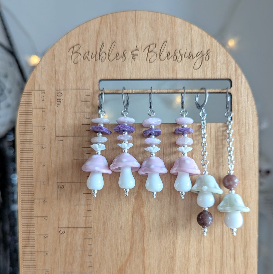 Gray Mushroom Earrings with Howlite & Purple Aventurine Beads