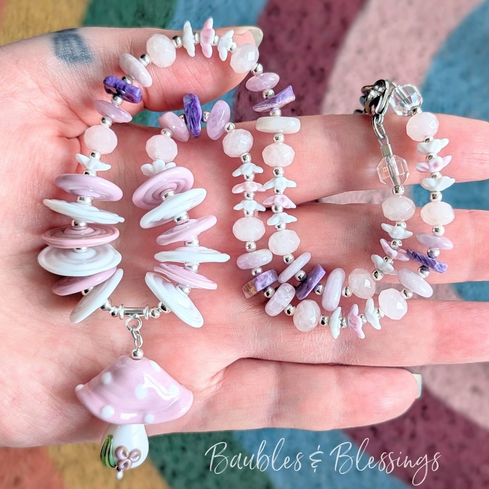 Pink Mushroom Necklace with Rose Quartz, Kunzite & Charoite