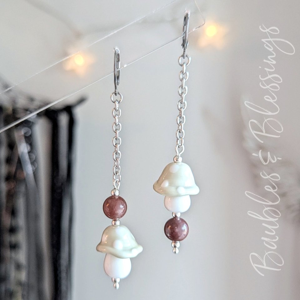 Gray Mushroom Earrings with Howlite & Purple Aventurine Beads